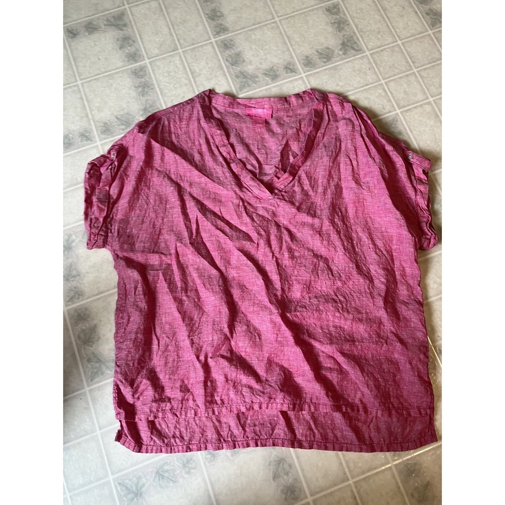 Isaac Mizrahi Blouse Size XL Pink Linen Short Sleeve‎ Tab Sleeve V Neck